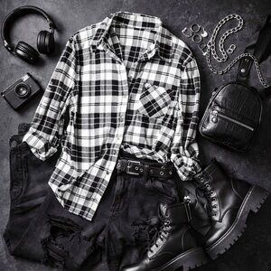 Rue21 Black & White Plaid Button Front Shirt – Stretch XL Casual Grunge Flannel